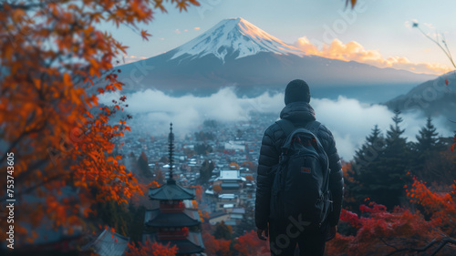 a man tourist in backpack standing After successfully conquering the peak , on top of a Japanese temple with Mount Fuji ,generative ai photo