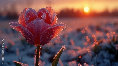 a close up of a flower with a setting sun in the back ground behind it and snow on the top of the petals.