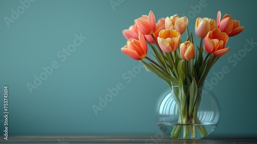 a vase filled with orange and yellow tulips on top of a wooden table next to a blue wall.