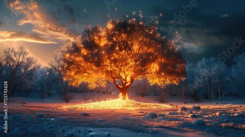 A snowy landscape illuminated by a tree with fire-like foliage, its warmth protecting a circle of green life amidst the white, providing a stark contrast to the surrounding frost. 8k