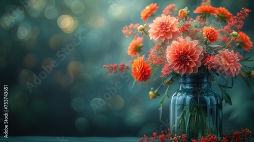 a vase filled with lots of pink and orange flowers on a table next to a blurry background of red and orange flowers. photo