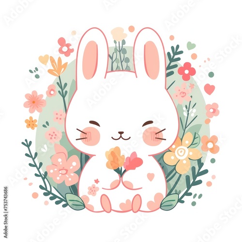illustration of a cute smiling rabbit is holding a bouquet of flowers. Flowers are scattered around the rabbit