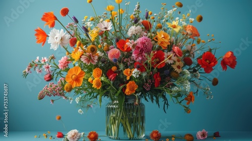 a vase filled with lots of colorful flowers on top of a blue table next to confetti sprinkles.