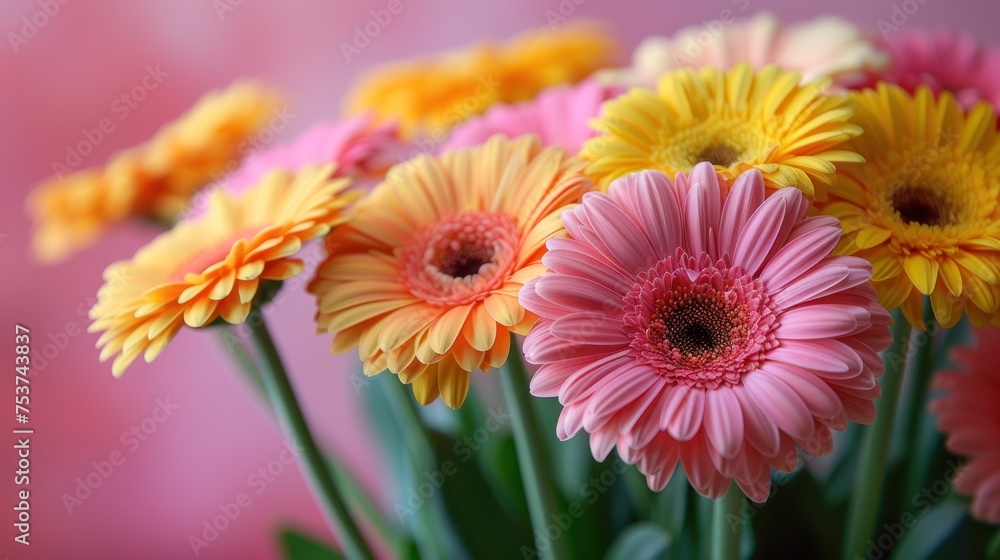 a close up of a bouquet of flowers with pink and yellow flowers in front of a pink and yellow background. a close up of a bouquet of flowers with pink and yellow flowers in front of a pink and yellow background.