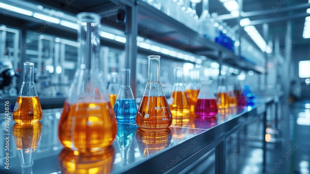 A modern laboratory with various glassware including beakers, test tubes, and flasks on shiny metallic tables. The glassware is filled with colorful liquids. Generative AI. A modern laboratory with various glassware including beakers, test tubes, and flasks on shiny metallic tables. The glassware is filled with colorful liquids. Generative AI.