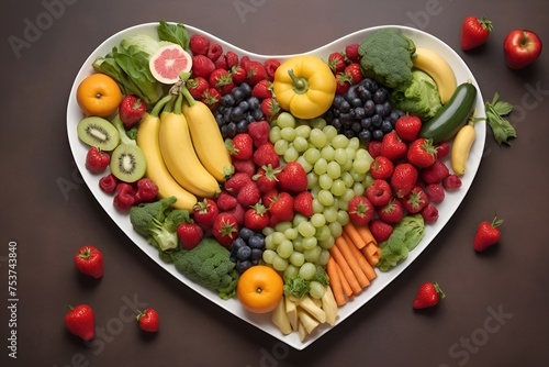 Healthy foods on a heart-shaped plate of fruits and vegetables. healthy eating