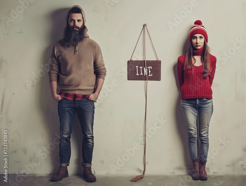 Single people concept image with unmarried man and single woman and sign with written word Single 
