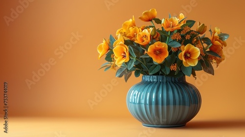 a blue vase filled with yellow flowers on top of a brown table next to an orange wall in the background. photo