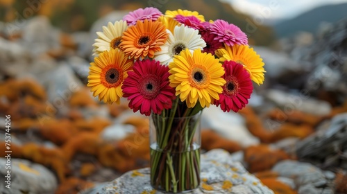 a vase filled with colorful flowers sitting on top of a pile of rocks on top of a pile of rocks. photo