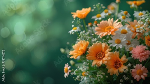 a bouquet of daisies and other flowers in a vase on a green background with a blurry boke.