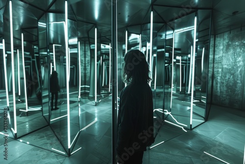 A woman stands contemplative in a futuristic mirror maze, surrounded by reflections and green neon lights.

