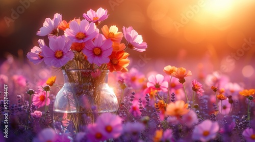 a vase filled with lots of pink and orange flowers next to a field of purple and orange wildflowers.