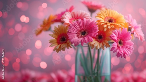 a vase filled with pink and yellow flowers on top of a bed of pink and yellow flowers in front of a pink background. photo