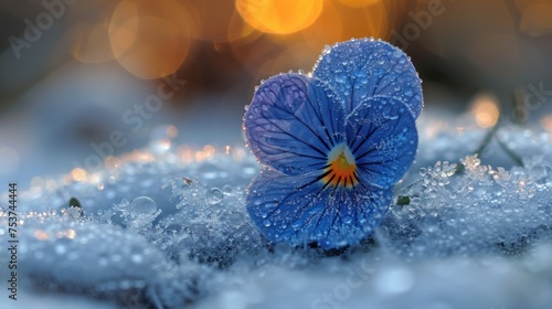 a blue flower sitting on top of a pile of snow covered ground with drops of water on top of it. photo