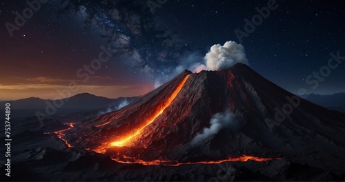 Craft an ultra-realistic image of a volcano in a night setting, with the glow of lava illuminating the surroundings against a backdrop of a starry sky. -AI Generative