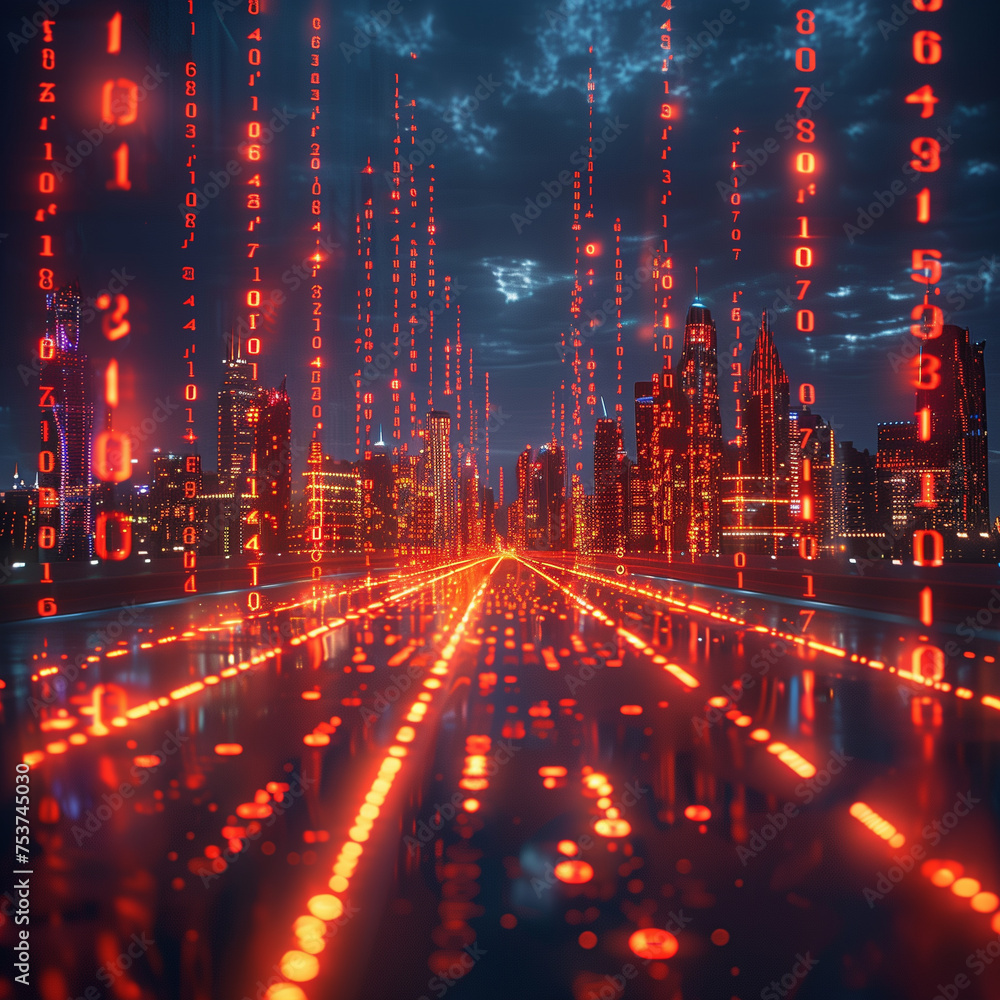 A cityscape with a glowing, pixelated effect