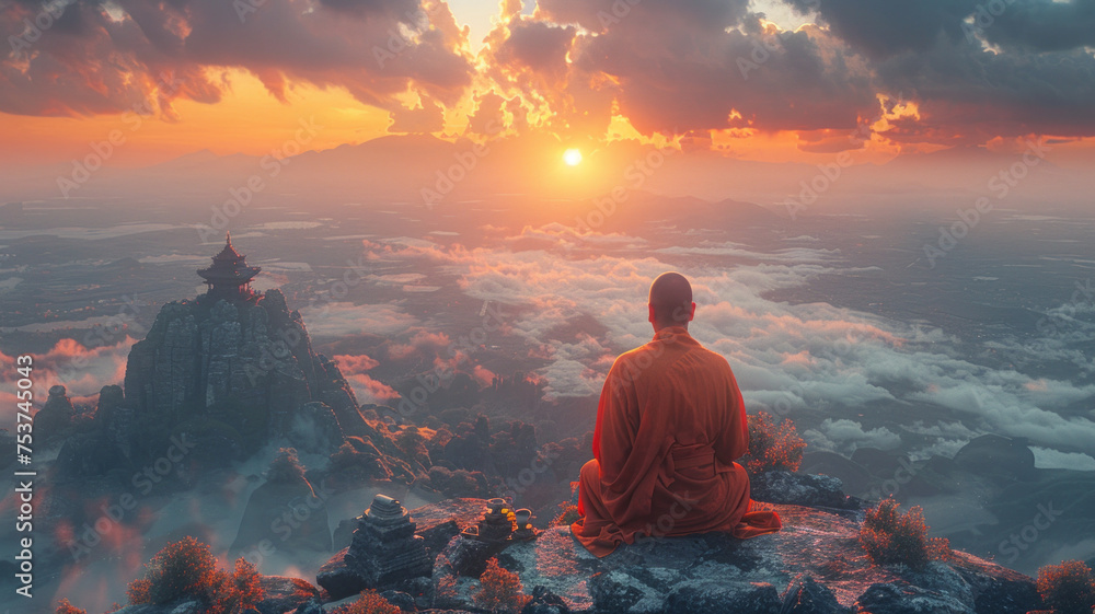 A Zen monk sits in serene meditation perspective shooting, mountain top shooting framing,generative ai - obrazy, fototapety, plakaty 