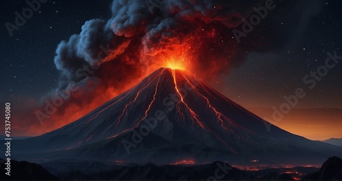 Craft an ultra-realistic image of a volcano in a night setting, with the glow of lava illuminating the surroundings against a backdrop of a starry sky. -AI Generative