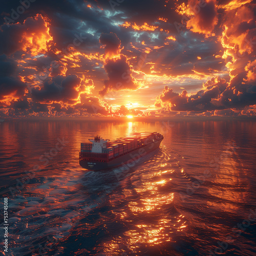 A large ship is sailing through the ocean at sunset