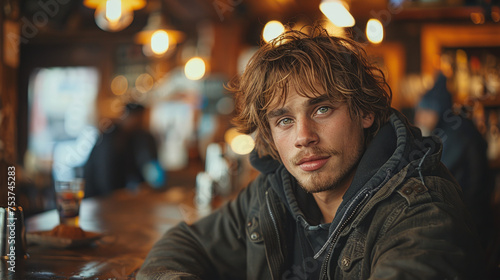 A photo of an attractive young white man sitting in a bar. He has messy blonde hair and soft green eyes. Casual at night time with people around him.
