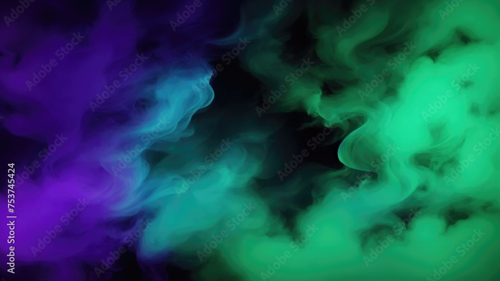 Fototapeta premium Green, Teal, and purple colors Dramatic smoke and fog in contrast on a black background