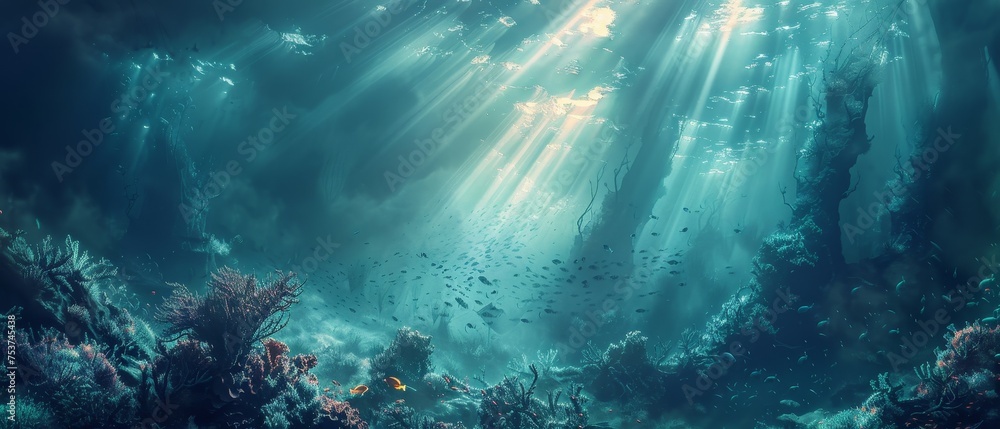 Fototapeta premium Explore ethereal undersea realms in digital art with mystical marine life and surreal underwater landscapes.