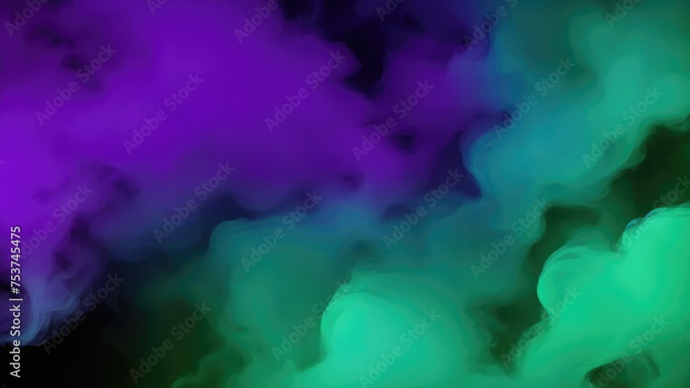 Green, Teal, and purple colors Dramatic smoke and fog in contrast on a black background