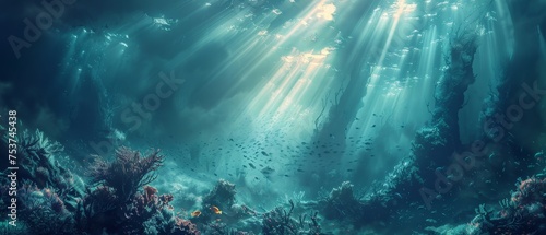 Explore ethereal undersea realms in digital art with mystical marine life and surreal underwater landscapes.
