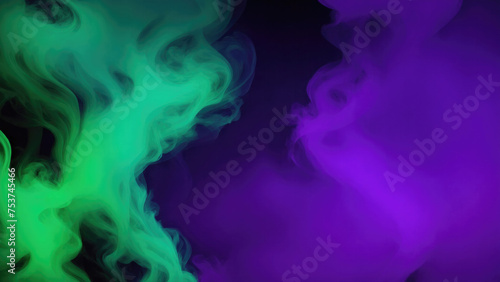 Green, Teal, and purple colors Dramatic smoke and fog in contrast on a black background