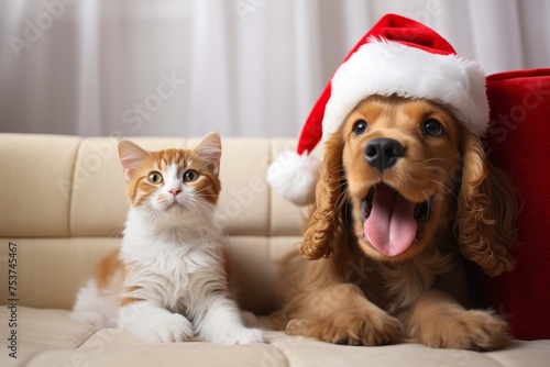 Christmas photo of a Golden Retriever with a Santa hat next to a brown and white striped cat