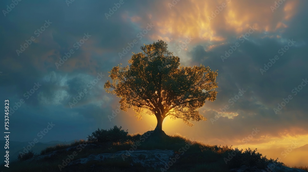 A solitary tree on a hilltop, silhouetted against the vibrant contrast of yellow sunlight 