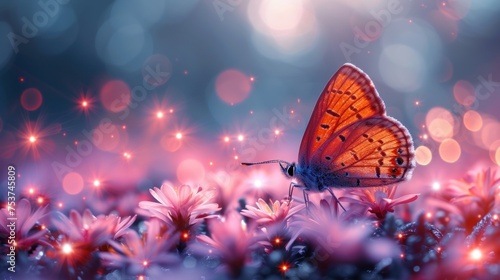a close up of a butterfly on a flower with boke of lights in the background and a blurry image of flowers in the foreground. © Shanti