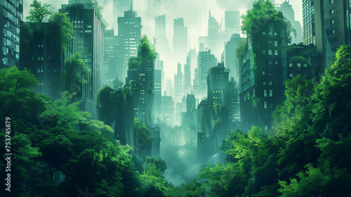 A city skyline with a forest in the background