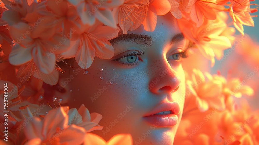 a close up of a woman's face with flowers on her head and a lot of water on her face.