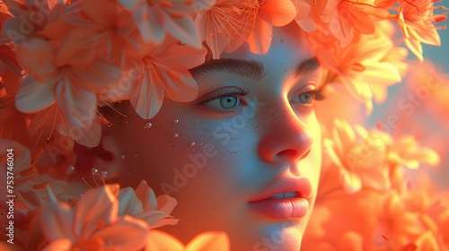 a close up of a woman's face with flowers on her head and a lot of water on her face.