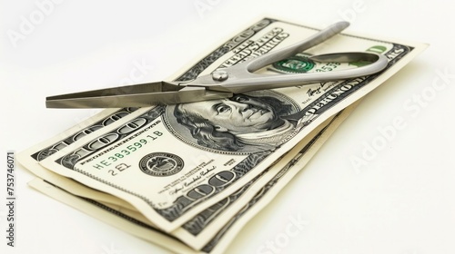 Dollars are cutting with scissors on a white background.  photo