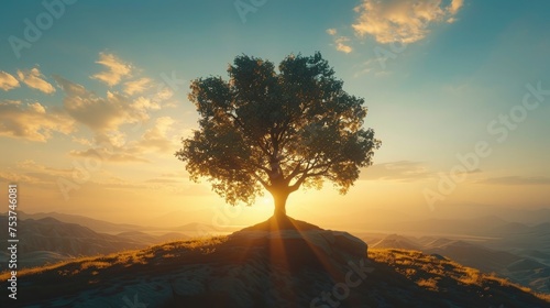 A solitary tree on a hilltop, silhouetted against the vibrant contrast of yellow sunlight and the deep blue of the early morning sky, symbolizing strength and solitude in nature. 8k