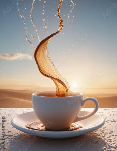 Coffee splash from a cup. A cup of coffee and flying splashes. Morning coffee concept.