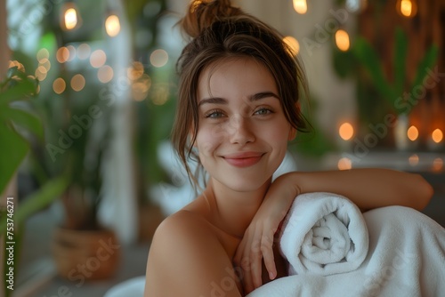 A beautiful young Caucasian woman, looking relaxed, wrapped in a white towel, receiving a soothing hand massage.