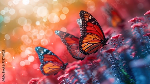a group of orange and blue butterflies flying over a bunch of red and purple flowers with blurry lights in the background.