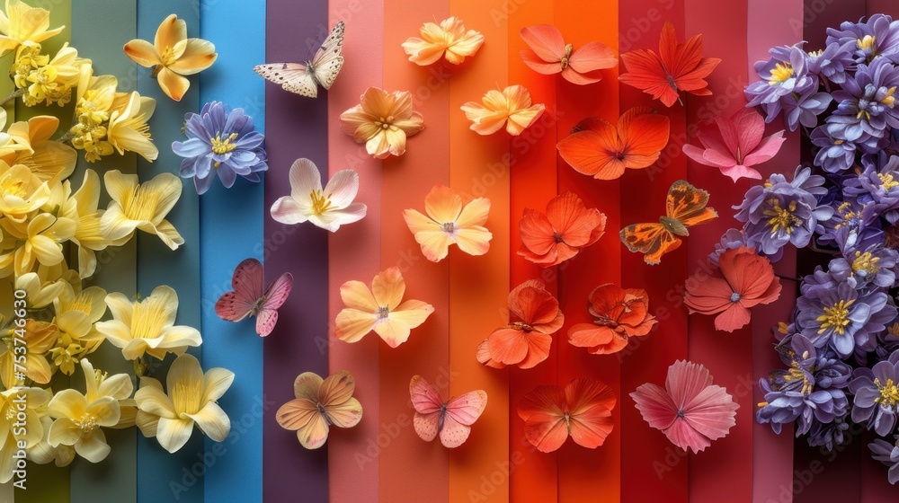 a bunch of flowers that are in front of a rainbow colored wall with a butterfly on one of the flowers and a butterfly on the other side of the wall. a bunch of flowers that are in front of a rainbow colored wall with a butterfly on one of the flowers and a butterfly on the other side of the wall.