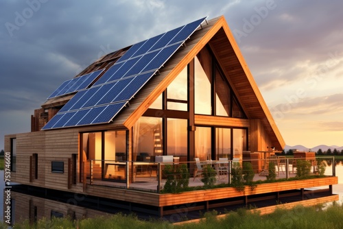 Wooden house with installed solar panels