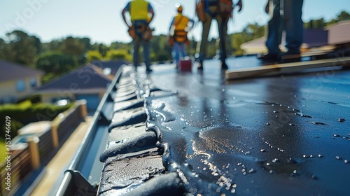 A team of construction workers in safety harnesses applying a black sealant coating to the flat roof of a suburban home. Generative AI. photo