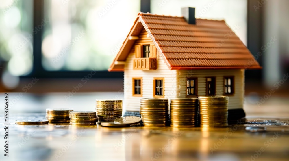Coins stacked in front of the housing model. Generative AI. Coins stacked in front of the housing model. Generative AI.