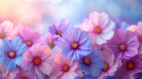 a bunch of pink and blue flowers on a blue and pink background with a blurry light in the background.
