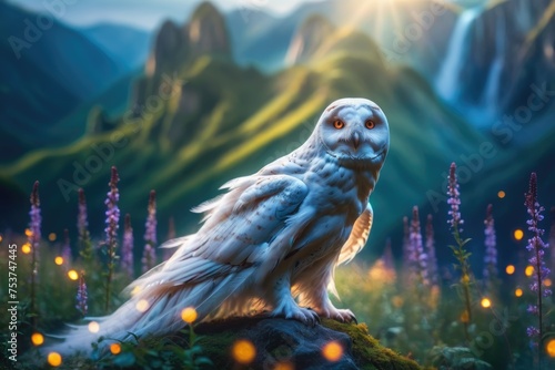 Mystical white owl, ghost owl in a clearing in the distance, mountains are visible.