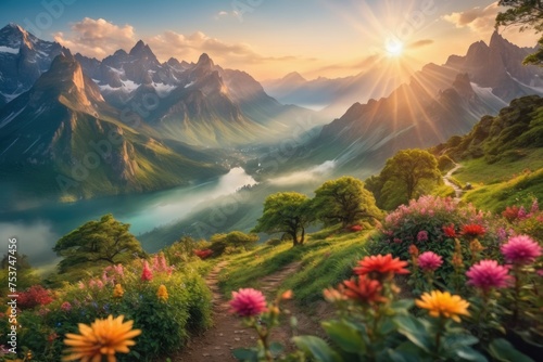 Nature landscape, rive, mountains, flower, grass and tree. Mountain landscape, path.