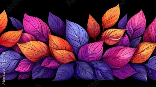 a bunch of leaves that are on top of a black background with the colors of purple, orange, and red.