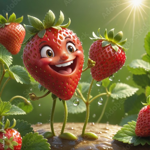 Smiling strawberry, abstract illustration of strawberry in drops of water.