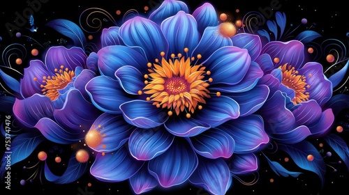a large blue flower with yellow center surrounded by smaller purple flowers and leaves on a black background with swirls and bubbles.